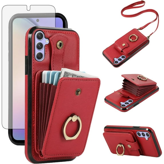 REQO Phone Case for Samsung Galaxy A25 5G Wallet Cell Cover with Screen Protector and Crossbody Strap Ring Stand RFID Credit Slot Card Holder Leather A 25 25A Women Men Girls Red