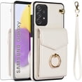 thumbnail image 1 of REQO Phone Case for Samsung Galaxy A52/A52S 5G Wallet Cover with Tempered Glass Screen Protector and RFID Blocking Ring Card Holder Leather Cell Accessories A 52 S 4G G5 52A S52 52S Women Off White, 1 of 6