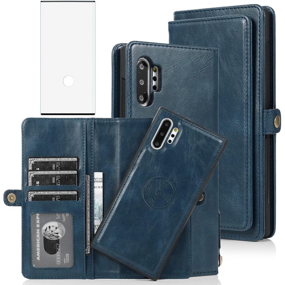 REQO Phone Case for Samsung Galaxy Note 10 Plus Glaxay Note10+ 5G Wallet Detachable Cover with Screen Protector and Flip Card Holder Cell Gaxaly Note10 + Notes 10+ Ten Not S10 10Plus Women Blue