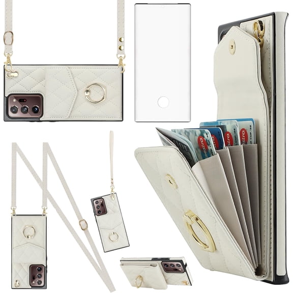 REQO Phone Case for Samsung Galaxy Note 20 Ultra 5G Wallet Cover with Screen Protector Ring RFID Blocking Card Holder Cell Note20 Plus Notes 20Ultra Note20+ U + 20+ Twenty Not S20 Women Off White
