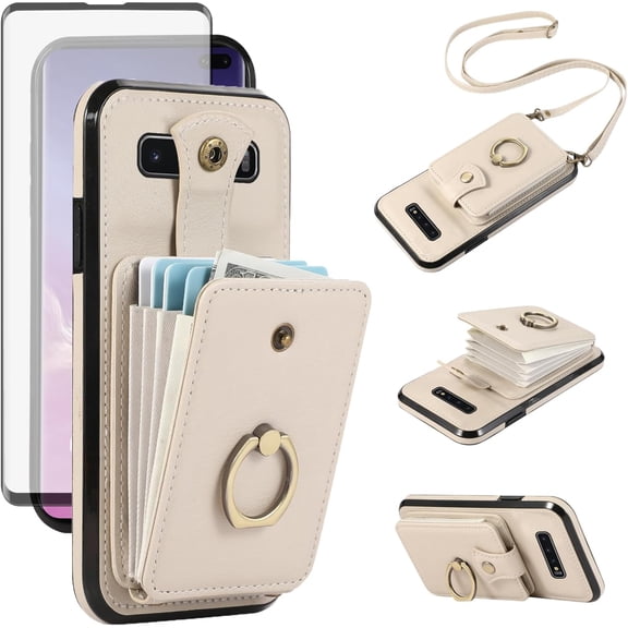 REQO Phone Case for Samsung Galaxy S10 Plus Wallet Cell Cover with Screen Protector and Crossbody Strap Ring Stand RFID Credit Card Holder S10+ S10plus 10S Edge S 10 10plus Women Girls Beige