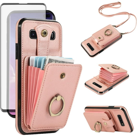 REQO Phone Case for Samsung Galaxy S10 Plus Wallet Cell Cover with Screen Protector and Crossbody Strap Ring Stand RFID Credit Card Holder S10+ S10plus 10S Edge S 10 10plus Women Girls Rose Gold