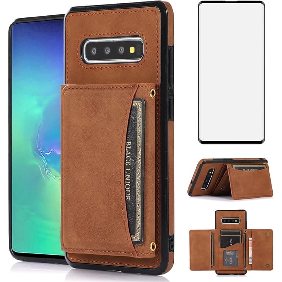 REQO Phone Case for Samsung Galaxy S10 Plus Wallet Cover with Glass Screen Protector and Card Holder Stand Cell Accessories Glaxay S10+ Galaxies S10plus 10S Edge S 10 10plus Cases Women Men Brown