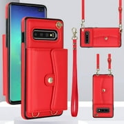REQO Phone Case for Samsung Galaxy S10 Plus Wallet Cover with RFID Blocking Credit Card Holder Wrist Crossbody Strap Lanyard Stand Cell Accessories S10+ S10plus 10S Edge S 10 10plus Women Men Red