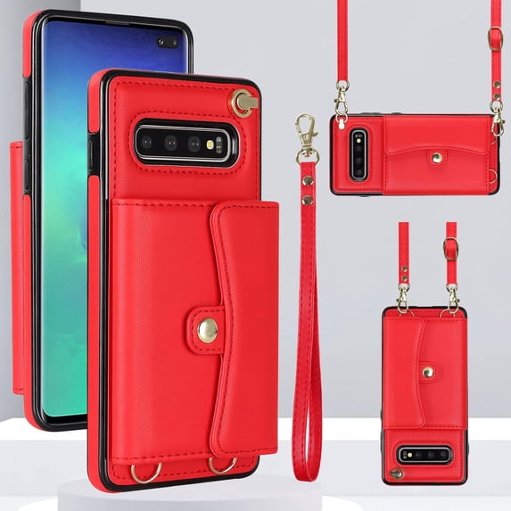 REQO Phone Case for Samsung Galaxy S10 Plus Wallet Cover with RFID Blocking Credit Card Holder Wrist Crossbody Strap Lanyard Stand Cell Accessories S10+ S10plus 10S Edge S 10 10plus Women Men Red