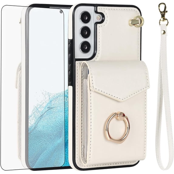 REQO Phone Case for Samsung Galaxy S22 5G Wallet Cover with Tempered Glass Screen Protector and RFID Blocking Ring Stand Credit Card Holder Cell Accessories S 22 22S 4G G5 6.1 inch Women Men Off White