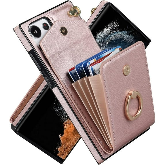 REQO Phone Case for Samsung Galaxy S22 Ultra High-end Stylish Leather Accordion Card Holder,Wallet Phone Case, Anti-Drop Lanyard, Multi-Functional Ring Stand Case, Protective Leather Case