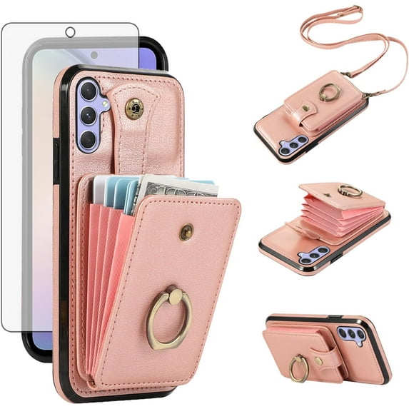 REQO Phone Case for Samsung Galaxy S23 FE 5G Wallet Cell Cover with Tempered Glass Screen Protector and Crossbody Strap Ring Stand RFID Credit Card Holder S 23 EF S23FE 23S Women Girls Rose Gold