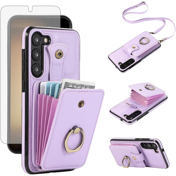 REQO Phone Case for Samsung Galaxy S23 Plus S23+ 5G Wallet Cell Cover with Screen Protector and Crossbody Strap Ring Stand RFID Credit Card Holder S23plus 23S + S 23 23+ SM-S916U 6.6 inch Women Purple