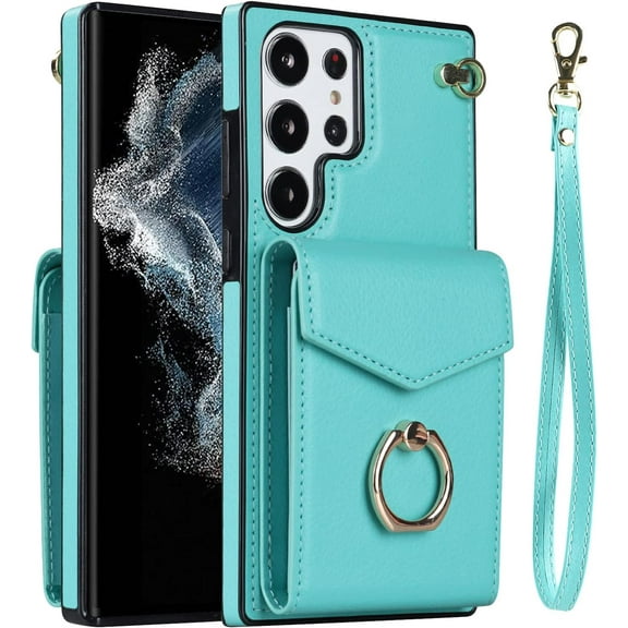 REQO Phone Case for Samsung Galaxy S23 Ultra 5G Wallet Cover with RFID Blocking Ring Stand Credit Card Holder Leather Girls Lanyard Cell Accessories S23Ultra 23S S 23 23Ultra 6.8 inch Women Men Teal