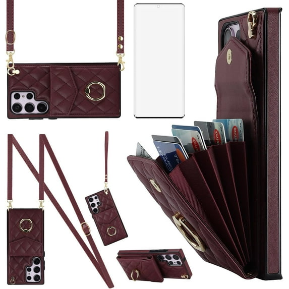 REQO Phone Case for Samsung Galaxy S23 Ultra 5G Wallet Cover with Tempered Glass Screen Protector and Wrist Strap Ring RFID Blocking Card Holder Cell S23Ultra 23S S 23 23Ultra 6.8 inch Women Wine Red