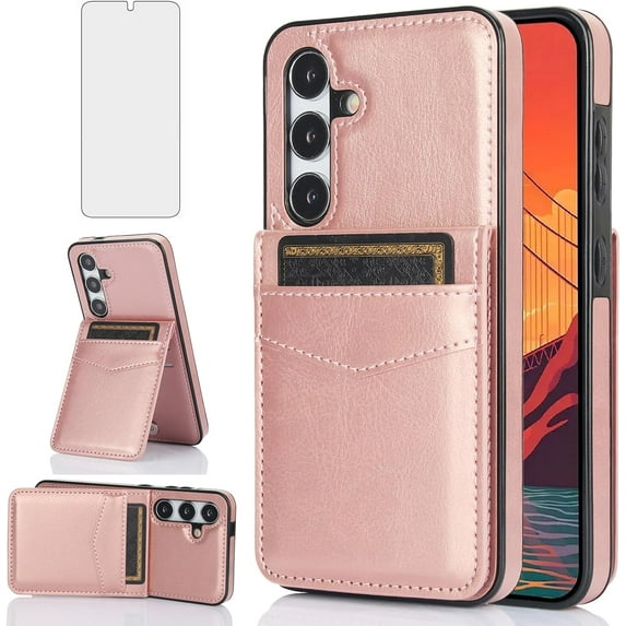 REQO Phone Case for Samsung Galaxy S24 5G with Tempered Glass Screen Protector Credit Card Holder Wallet Cover Stand Leather Cell Accessories Glaxay S 24 24S GS24 G5 2024, 6.2 inch Women Men Rose Gold