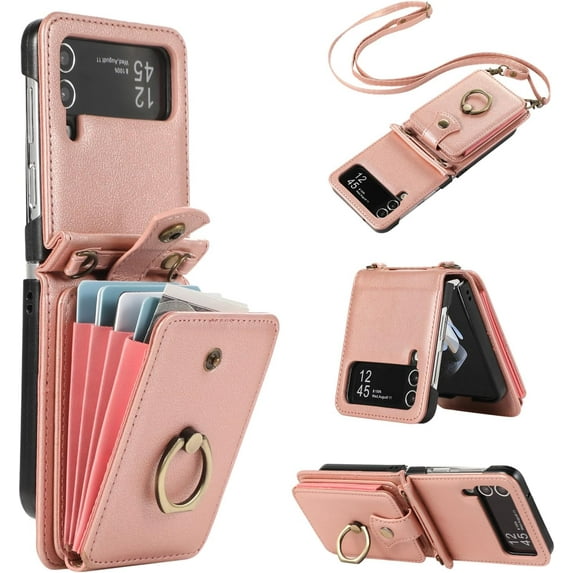 REQO Phone Case for Samsung Galaxy Z Flip 3 5G 2021 Wallet Cell Cover with and Crossbody Strap Ring Stand RFID Credit Slot Card Holder Leather Flip ZFlip3 Z3 Flip3 3Z Women Men Girls Rose Gold