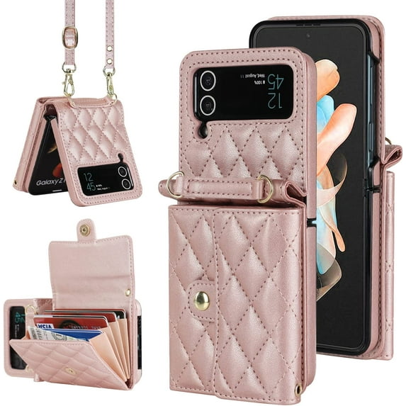 REQO Phone Case for Samsung Galaxy Z Flip 3 5G 2021 Wallet Cover with RFID Blocking Crossbody Wrist Strap Stand Credit Card Holder Leather Slim Cell Accessories ZFlip3 Z3 Flip3 3Z Women Men Rose Gold