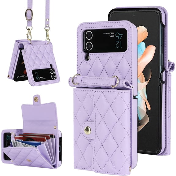 REQO Phone Case for Samsung Galaxy Z Flip 3 5G 2021 Wallet Cover with RFID Blocking Crossbody Wrist Strap Stand Credit Card Holder Leather Slim Cell Accessories ZFlip3 Z3 Flip3 3Z Women Men Purple