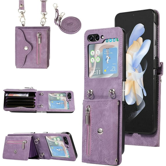 REQO Phone Case for Samsung Galaxy Z Flip 5 5G Wallet Cover with Shoulder Crossbody Strap Lanyard Credit Slot Card Holder Stand Leather Mobile Cell Accessories ZFlip5 Z5 Flip5 Women Men Girls Purple