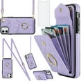 thumbnail image 1 of REQO Phone Case for iPhone 12 Pro iPhone12 6.1 Wallet Cover with Tempered Glass Screen Protector Crossbody Wrist Strap Ring RFID Blocking Card Holder Cell iPhone12pro 5G i 12s 12pro Women Purple, 1 of 7