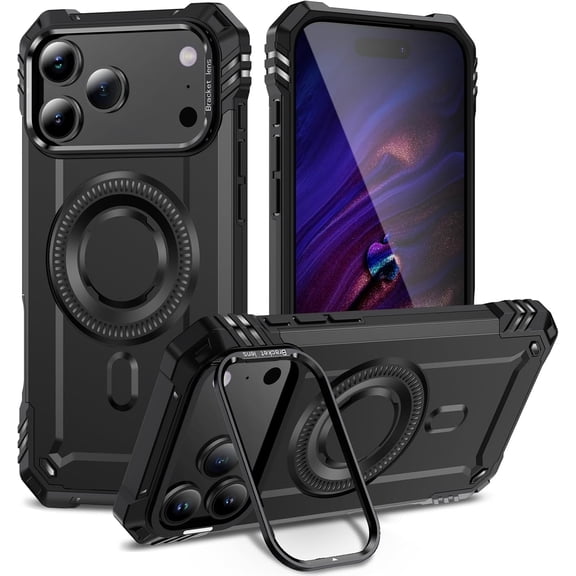 REQO Phone Case for iPhone 17 Pro Compatible with MagSafe with Metal Camera Ring Stand, Heavy Duty Rugged Silicone&PC Military Grade Shockproof Protective Cover for Men Boys