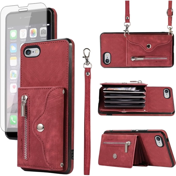 REQO Phone Case for iPhone 6plus 6splus 6/6s Plus Wallet Cover with Wrist Crossbody Strap Lanyard Credit Card Holder Stand Leather Cell iPhone6 6+ iPhone6s 6s+ i 6P 6a S Six iPhone6splus Women Red
