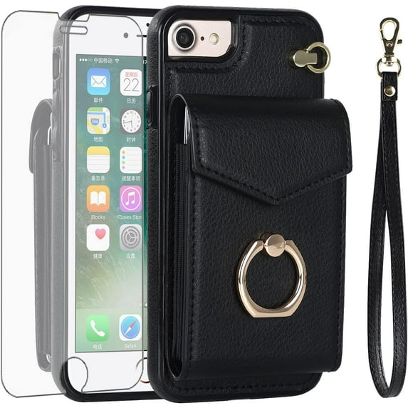 REQO Phone Case for iPhone 7/8/SE 2020/2022 Wallet Cover with Screen Protector and RFID Ring Card Holder Cell iPhone7 iPhone8 7s 8s i SE2020 SE2022 2/2nd/3/3rd Generation SE2 SE3 Women Men Black