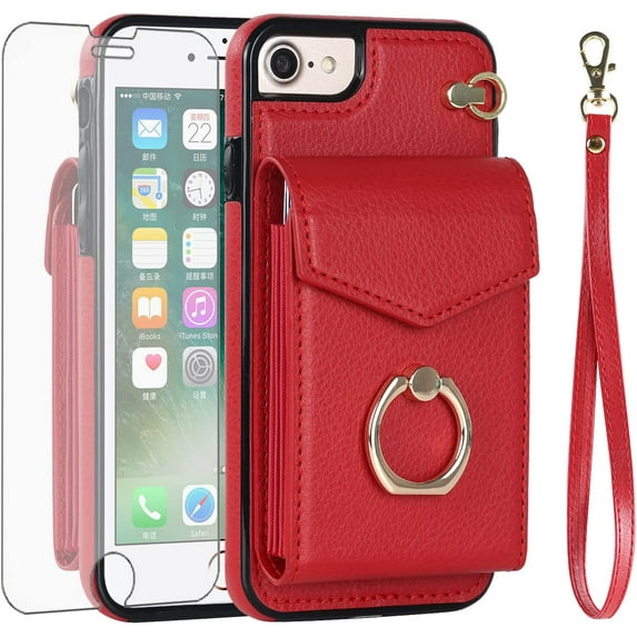 REQO Phone Case for iPhone 7/8/SE 2020/2022 Wallet Cover with Screen Protector and RFID Ring Card Holder Cell iPhone7 iPhone8 7s 8s i SE2020 SE2022 2/2nd/3/3rd Generation SE2 SE3 Women Men Red