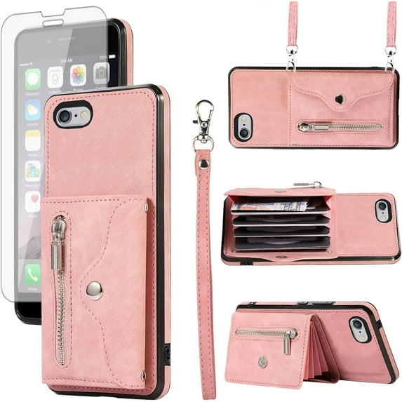 REQO Phone Case for iPhone 7/8/SE 2020/2022 Wallet Cover with Wrist Crossbody Strap Lanyard Credit Card Holder Stand Cell iPhone7 iPhone8 7s 8s i SE2020 SE2022 2/2nd/3/3rd Generation SE2 Women