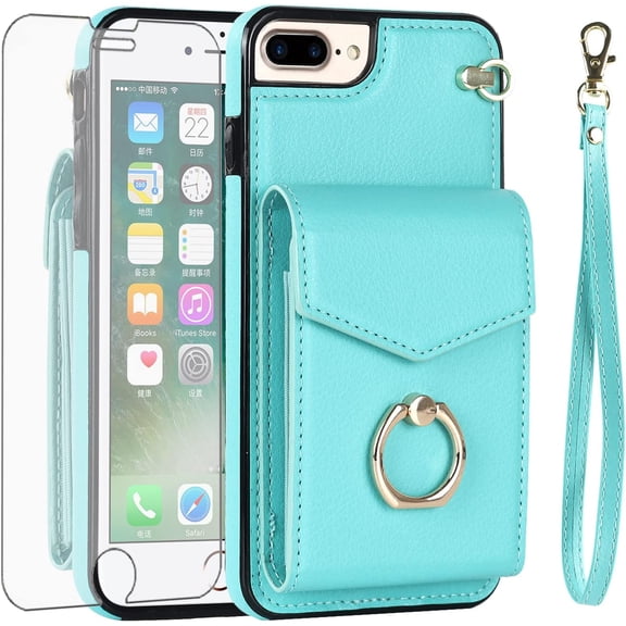 REQO Phone Case for iPhone 7plus 8plus 7/8 Plus Wallet Cover with Tempered Glass Screen Protector and RFID Blocking Ring Stand Card Holder Cell i Phone7s 7s + 7+ 8s 8+ Phones8 7p 8p Women Men Teal