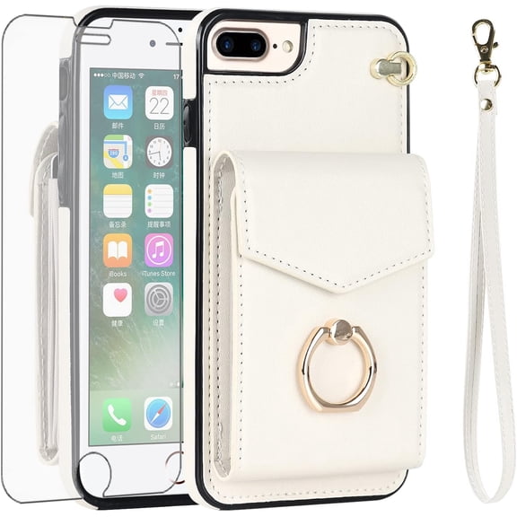 REQO Phone Case for iPhone 7plus 8plus 7/8 Plus Wallet Cover with Tempered Glass Screen Protector and RFID Blocking Ring Stand Card Holder Cell i Phone7s 7s + 7+ 8s 8+ Phones8 7p 8p Women Men