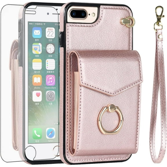 REQO Phone Case for iPhone 7plus 8plus 7/8 Plus Wallet Cover with Tempered Glass Screen Protector and RFID Blocking Ring Stand Card Holder Cell i Phone7s 7s + 7+ 8s 8+ Phones8 7p 8p Women Men