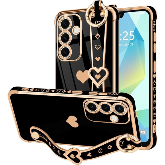 REQO for Samsung Galaxy A16 4G/5G Case Cute Love-Heart Plating Strap Phone Cover for Women Girls Bling Silicone Camera Protection Bumper Shockproof Phone Case for Galaxy A16 4G/5G (6.7")
