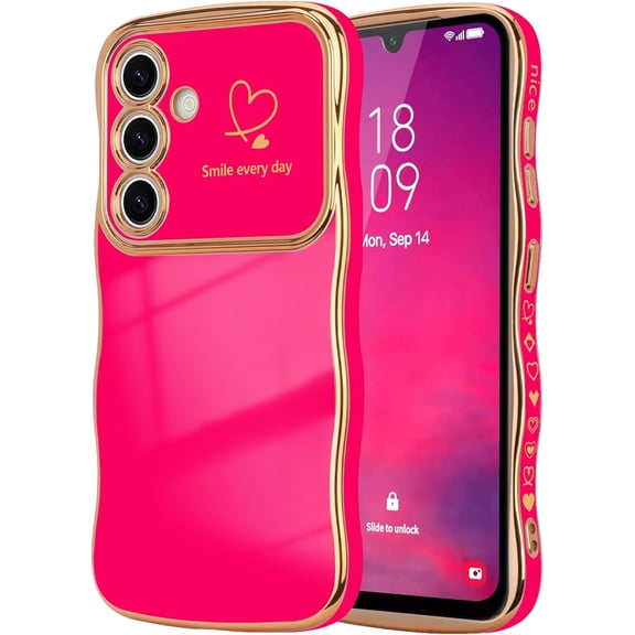 REQO for Samsung Galaxy A17 5G Case for Women Girls, Cute Wave Frame Curly Shape with Love Heart Camera Protection Cover Luxury Plating Shockproof Phone Case for Galaxy A17 5G