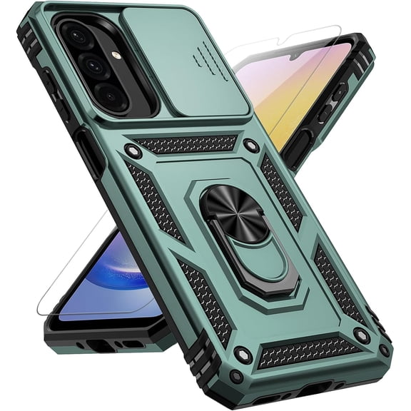 REQO for Samsung Galaxy A17 Case, with Slide Camera Cover HD Screen Protector 360° Rotable Ring Holder Kickstand Military Grade Protection 15ft Drop Tested Protective Phone Case for Galaxy A17 5G