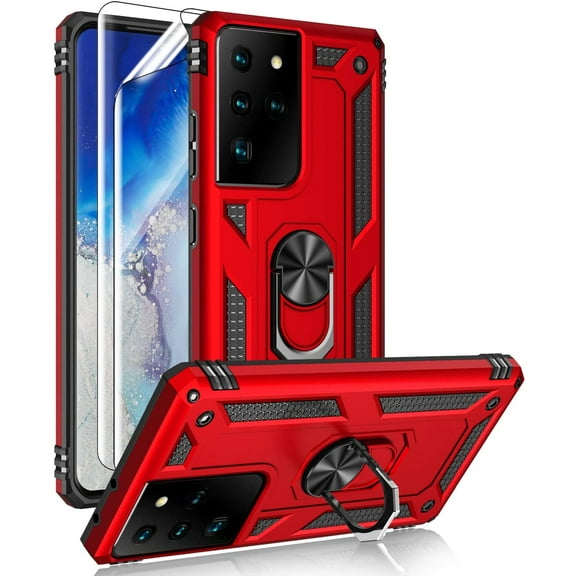 REQO for Samsung Galaxy S21 Ultra 5G Case with HD Screen Protectors, Military-Grade Metal Ring Holder Kickstand 15ft Drop Tested Shockproof Cover Case for Samsung Galaxy S21 Ultra Red