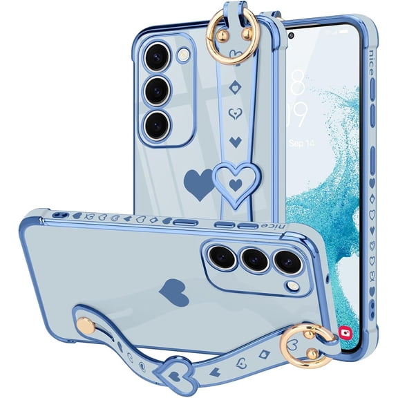 REQO for Samsung Galaxy S22 Case Cute Love-Heart Plating Strap Phone Cover for Women Girls Bling Silicone Camera Protection Bumper Shockproof Phone Case for Samsung Galaxy S22 5G (6.1'')