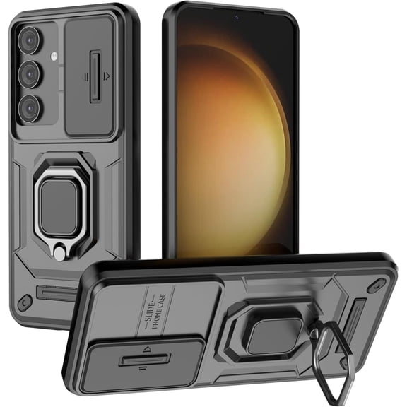 REQO for Samsung Galaxy S25 Case, [Slide Camera Cover] [Built-in Kickstand] Rotated Ring Military Grade Shockproof Protective Phone Case for Samsung Galaxy S25