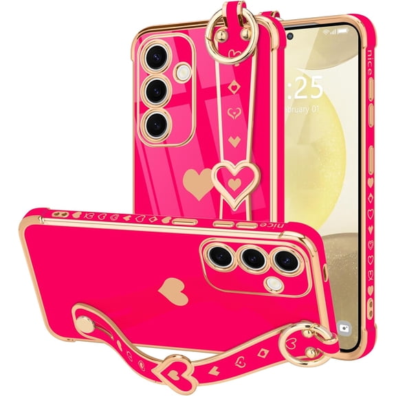 REQO for Samsung Galaxy S26 Case Cute Love-Heart Plating Strap Phone Cover for Women Girls Bling Silicone Camera Protection Bumper Shockproof Phone Case for Samsung Galaxy S26 5G