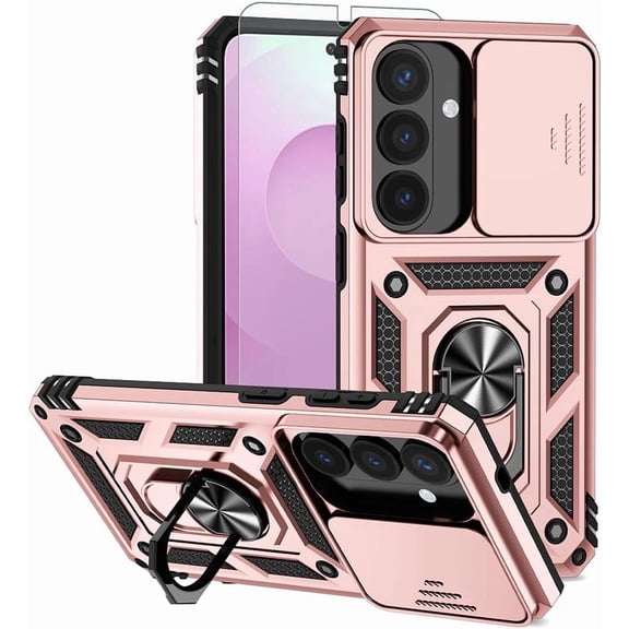 REQO for Samsung Galaxy S26 Plus Case, Rubber Bumper Hard Plastic Phone Case with [Sliding Camera Lens Cover] [360° Rotatable Kickstand Ring] [HD Screen Protector] for Samsung Galaxy S26+ Plus