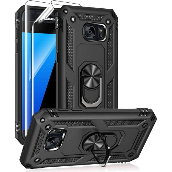 REQO  for Samsung Galaxy S7 Case with HD Screen Protectors, Military-Grade Metal Ring Holder Kickstand 15ft Drop Tested Shockproof Cover Case for Samsung Galaxy S7 Black