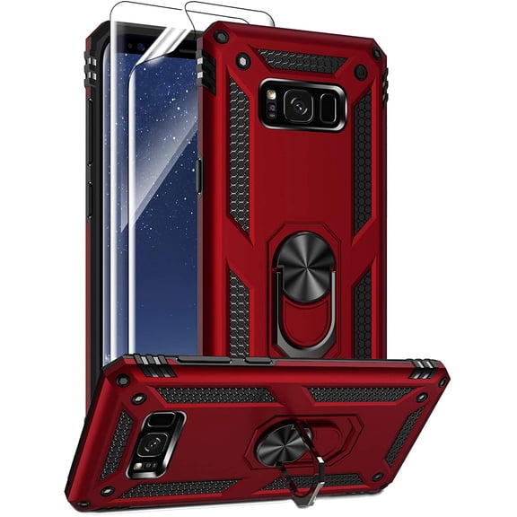 REQO for Samsung Galaxy S8 Plus Case with HD Screen Protectors, Military-Grade Metal Ring Holder Kickstand 15ft Drop Tested Shockproof Cover Case for Samsung Galaxy S8+ (2017) Red