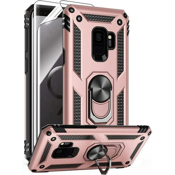 REQO for Samsung Galaxy S9 Case with HD Screen Protectors, Military-Grade Metal Ring Holder Kickstand 15ft Drop Tested Shockproof Cover Case for Samsung Galaxy S9 (2018), Rose Gold