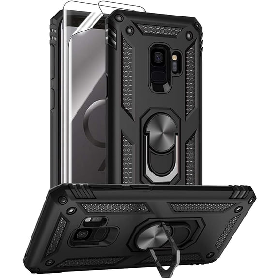 REQO for Samsung Galaxy S9 Case with HD Screen Protectors, Military-Grade Metal Ring Holder Kickstand 15ft Drop Tested Shockproof Cover Case for Samsung Galaxy S9 (2018), Black