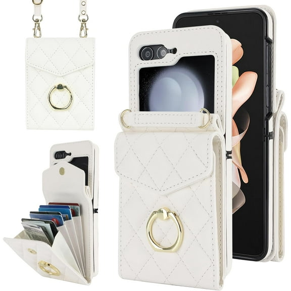 REQO for Samsung Galaxy Z Flip 5 Wallet Phone Case with Ring and Adjustable Crossbody Strap, Stylish and Muti-funtional Accordion Style Flip Case with 4 Card Slots