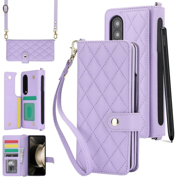 REQO for Samsung Galaxy Z Fold 4 Wallet Case with 6 Credit Card Slots and S-Pen Slot, RFID Blocking, Adjustable Strap, Multi Card Function Premium Leather Magnetic Clasp Kickstand Cover