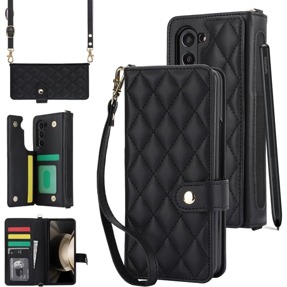 REQO for Samsung Galaxy Z Fold 5 Wallet Case with 6 Credit Card Slots and S-Pen Slot, RFID Blocking, Adjustable Strap, Multi Card Function Premium Leather Magnetic Clasp Kickstand Cover