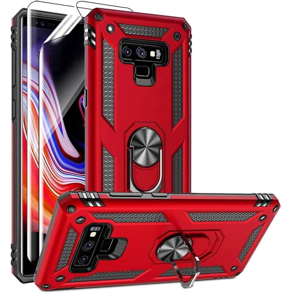 REQO for Samsung Note 9 Phone Case, Galaxy Note 9 Case with 3D PET Screen Protector, Military-Grade Ring Holder Kickstand Car Mount 15ft Drop Tested Shockproof Cover Case for Galaxy Note 9, Red