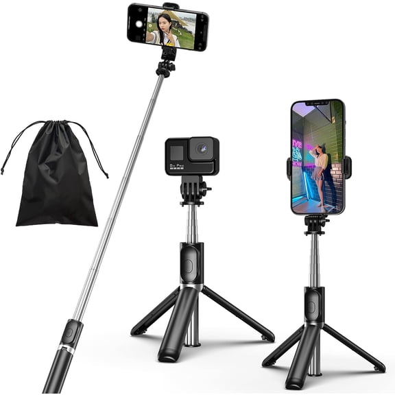 REQO Selfie Stick, 4 in 1 Mini Selfie Stick Tripod, Extendable and Portable Stable Tripod Stand with Detachable Wireless Remote Compatible withiPhone 13/14/11/GoPro/Camera/Phone
