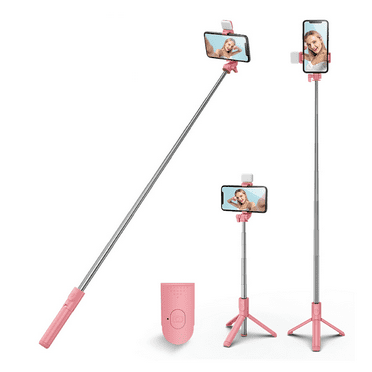 REQO Selfie Stick Tripod,3 in 1 Extendable 360° Rotation Tripod Stand with Detachable Wireless Remote Portable Mobile Phone Holder Compatible with iPhone,Android,Samsung (pink light)