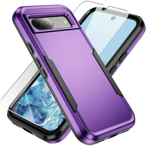 REQO Shockproof Rugged Cell Phone Case with Screen Protector for Google Pixel 8A, Purple
