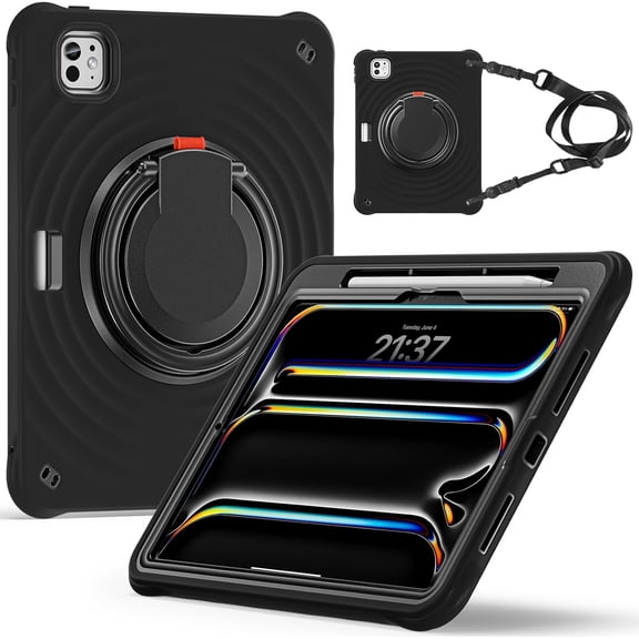 REQO Slim Ripple Silicon+PC Case for iPad Pro 11 inch 2024: w/ [Pencil Holder] Swivel Hanging Ring Handle Grip Kickstand Hybrid Shockproof Armor Cover