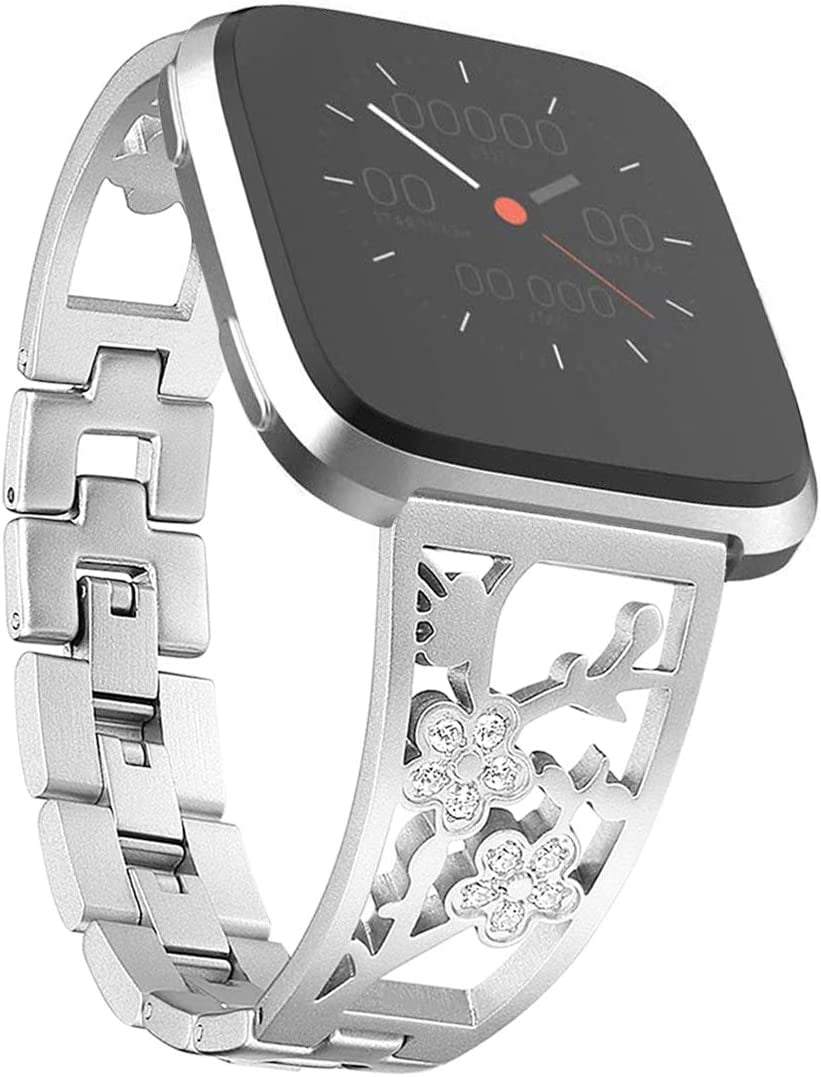 REQO Stainless Steel Bands Compatible with Fitbit Versa 2/Versa Lite/Versa for Women, Luxurious Bling Bracelet with Rhinestone Metal Wristbands